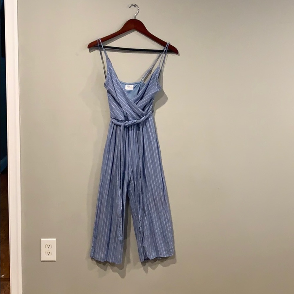 Blue and white striped linen romper